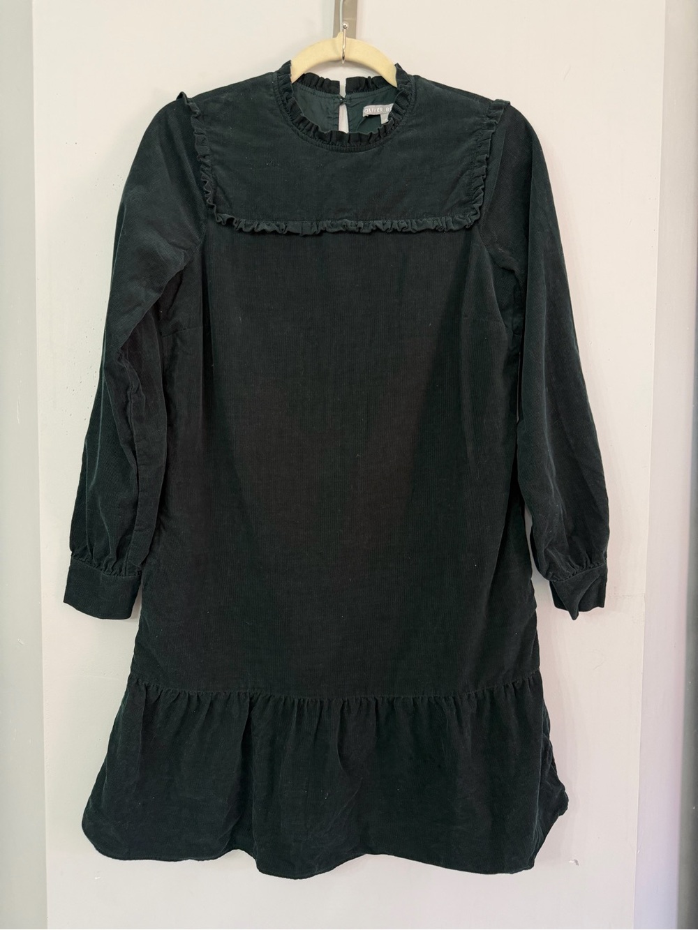 Oliver Bonas Women’s 6 Forest Green Micro Corduroy Bib Long Sleeve Lined Dress